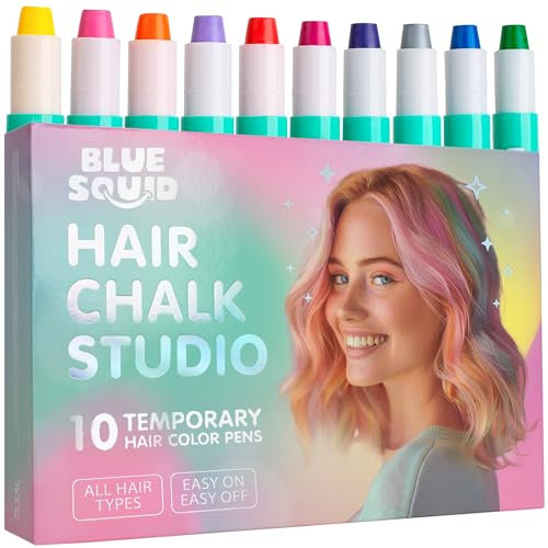 Craie Cheveux Blue Squid pour Filles – 10 Crayons de Couleur Temporaire Lavable et Sûre pour Enfants - Cadeaux d'Anniversaire et Noël pour Ados, Cheveux Foncés, Âges 6 à 12