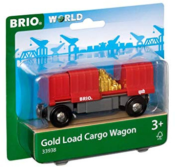 BRIO World 33938 Godsvagn med guldlast | Gold Load Cargo Wagon Leksakståg med tillbehör. 2 delar. För barn från 3 år. För tågälskare.