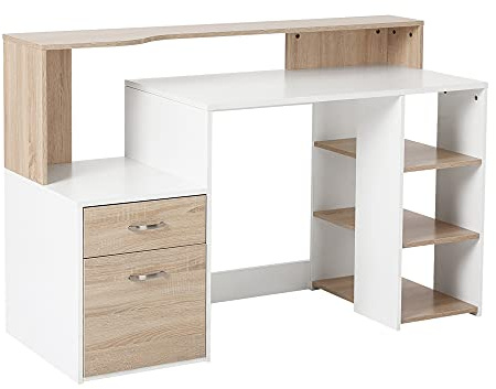 HOMCOM Bureau Informatique avec 2 tiroirs, Bureau avec Rangement, 137 x 55 x 92 cm, étagères Ouvertes et Tablette d'imprimante, Style Moderne, Table d'ordinateur pour Chambre, Studio, chêne