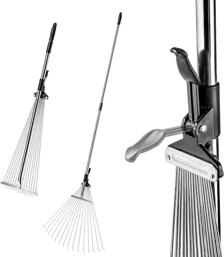 KADAX Rastrillo para Hojas y Hierba, con alambres Ajustables, rastrillo de Cabeza Ancha, rastrillo de Metal, Escoba de Hojas con Mango Largo, rastrillo de jardín, rastrillo para Hojas, (15 Dientes)