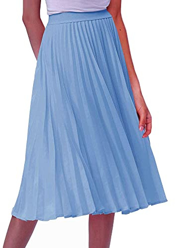 Gonna da donna elastica a vita alta, a pieghe, linea ad A, gonna longuette chic vintage lunga, Blu, M