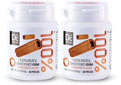 DC24 DAILY CARE Sugar Free Gum, Aspartame Free, Xylitol Chewing Gum Natural Cinnamon, Gluten Free, Vegan, 60 Pieces, Pack of 2