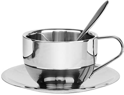 ITODA Stainless Steel Coffee Tea Cup Set Double Walled Insulated Coffee Mug 200ml Espresso Cup Cappuccino Tea Milk Cup with Saucer and Spoon for Home Dining, Bar, Office and Tea House