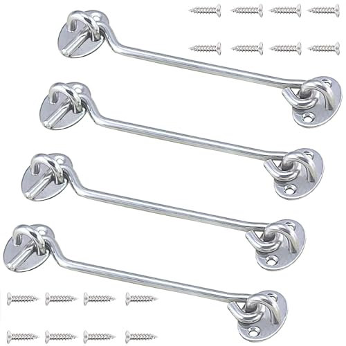 VENGABY 4 Stück Sturmhaken Kabinenhaken mit öSe, Edelstahl TüRhaken Fensterhaken, Sturmhaken für SchwingtüR Holz, FensterläDen Holz,Scheunentor Gartentor Riegel mit Montage (Silver, 6 IN)