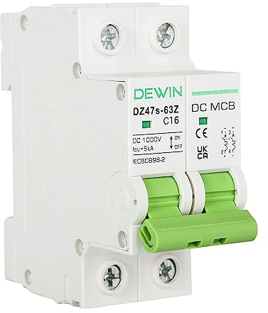DEWIN DC Circuit Breaker, 2P 16A DC1000V Photovoltaic Miniature Circuit Breaker MCB with Overload and Short Circuit Protection for Solar PV System