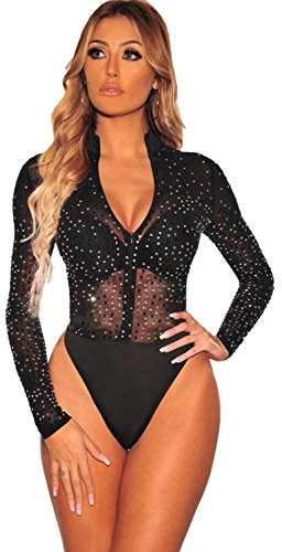 NBBNYJ Body Nero Donna Elegante Vintage Bodysuit Estivi Mesh Daimonds Manica Lunga Blusa Camicie Top Tuta Abbigliamento Nero-5 XXL