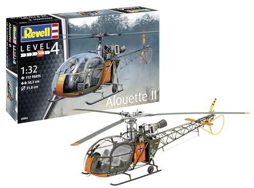 Revell Modellbau I Alouette II I Bausatz I Maßstab 1:32 I 191 Teile I Bastelset ab 12 Jahren I Detailgetreues Modell mit authentischem Design I Helikopter, Molded Color