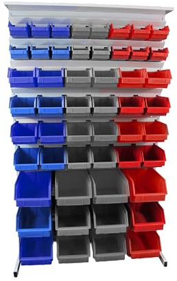 LEOMAR Scaffale da Garage Bilaterale con 104 Contenitori Impilabili, Autoportante & Pronta all’uso, per Officine & Imprese, 67 × 94 × 156 cm, Blu, Grigio Cenere e Rosso