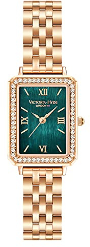 VICTORIA HYDE Rechteck Damenuhr Grün Dial Analog Quarz Armbanduhr mit Edelstahlarmband (Gold-Emeral Green)