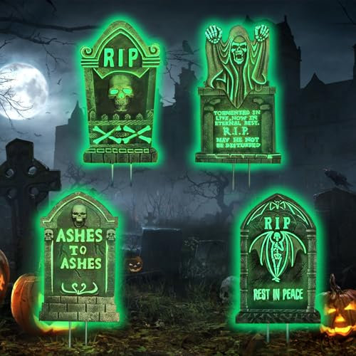 4 Piezas Lapidas Halloween Grandes, Decoracion Halloween Exterior, Plástico Fluorescente RIP Lápida Atrezzo para Cementerio, Ideal para Su Decoración Halloween para Exterior, Jardín o Interior