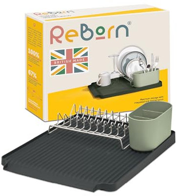 ReBorn - Recycled Dish Draining Rack - Kitchen Sinkside Drainer - Holds up to 10 Plates - Removable Cutlery Basket - Stainless Steel Rack - Made in Britain (Sage Green & Charcoal Grey, Large)
