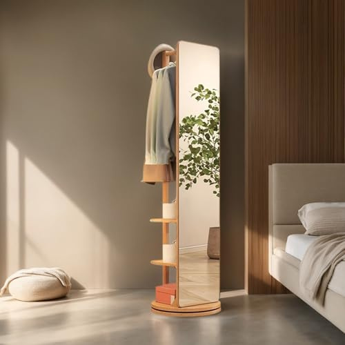 Girevole Full Body specchio appendiabiti ganci, Specchio a figura intera in legno massello rotante a 360° , 2-in-1 in piedi specchi con appendiabiti, per soggiorno Camera da letto Guardaroba