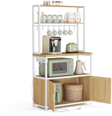 VASAGLE Scaffale Cucina con Prese, con Piano Alto 90 cm, Scaffale per Microonde con 8 Ganci, 40 x 80 x 170 cm, Marrone Vintage e Bianco Nuvola KKS059YA02