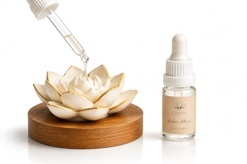 RUHVANA Lotus Aroma diffuser – handgjord doftsten/aromsten av gips med träbas | naturlig aromaterapi utan el | inkl. 10 ml Amber Allure doftolja