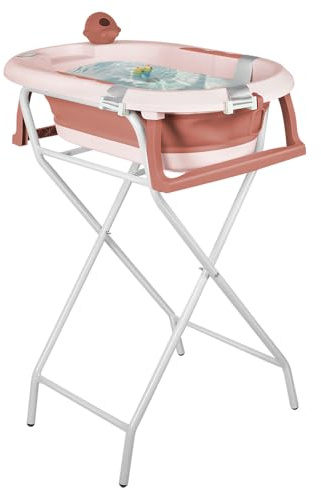 Vikbart babybadkar på stativ - stort XXL-badkar med stativ/sits och dräneringssats - babybassäng från födsel till 3 år - babygåva - (stil 5) 81,5 x 48 x 21 cm - rosa