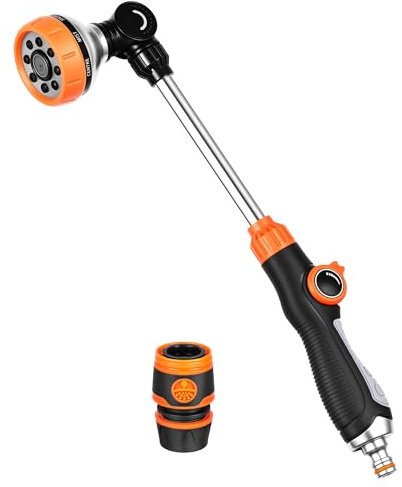 BASVII Pistola per Irrigazione a 8 Modelli Regolabili, 47 cm Pistola Irrigazione Giardino Con Testa 180° Antigoccia O-Ring, Per Cesti Sospesi, Lavaggio Auto, Pulizia Di Animali Domestici E Superfici