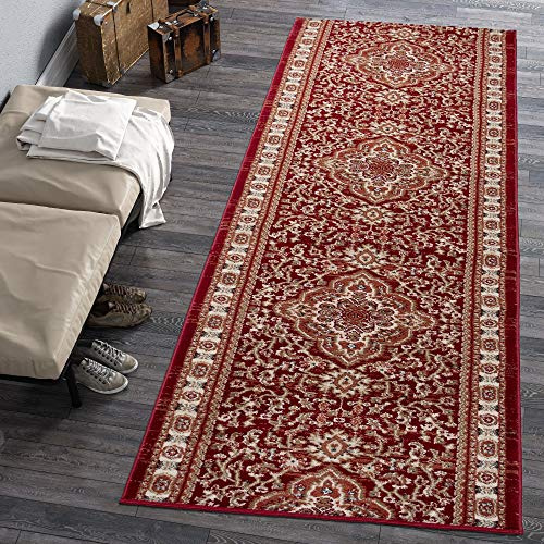Carpeto Rugs Mazovia Alfombra de Pasillo Larga - Design Oriental Moderno Pelo Corto - Alfombras de Pasillo por Metros - Alfombras para Pasillos Largos - Moqueta por Metros - Borgoña Rojo - 70x230 cm