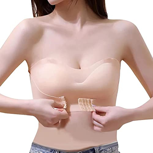 TOFBS Sujetador Bandeau sin Tirantes para Mujer Niñas Sujetadores sin Aros Hebilla Delantera Invisible Push Up Bra con Retirable Relleno y Tirantes (Beige,M)