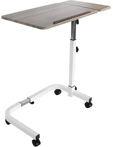 KMINA Betttisch auf Rollen höhenverstellbar, Beistelltisch für Bett und Pflegebett, Überbetttisch mit neigbarer Holzplatte, Krankentisch fahrbar, Laptoptisch für Senioren, Holz-Optik