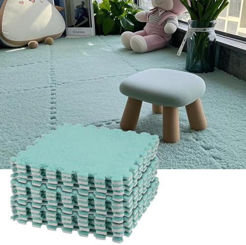 HOZEON 12Piece 12 x 12 Inch Interlocking Carpet Fluffy Tiles, Square Puzzle Foam Floor Mat Tiles, EVA Plush Foam Mats Shaggy Playmat for Parlor, Bedroom, Game Room, Mint Green