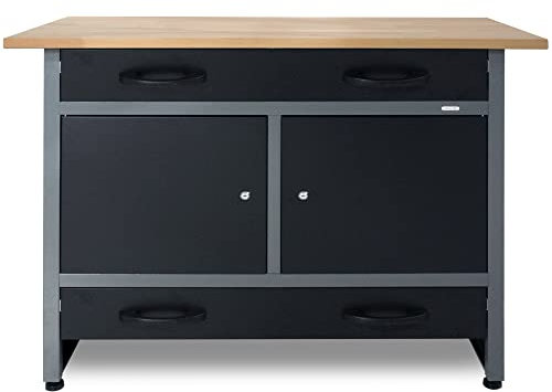 Ondis24 Werkbank Werktisch 120cm, Montagewerkbank 2 extra breite Schubladen & 2 abschließbare Türen, 28mm Buchenholzarbeitsplatte, Arbeitshöhe 95 cm, Werkstatteinrichtung