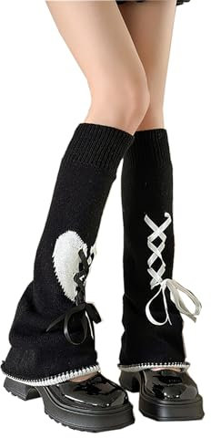 XEPST Lose Gestrickte Beinwärmer für Damen, Winter Stulpen Y2K Japanische Lolita Beinstulpen Lange Socken Kawaii Häkeln Beinwärmer Leg Warmers y2k für Damen (Schwarz+Weiß)