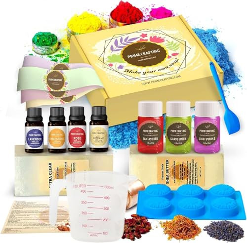 Seifen Selber Machen Set - Seifenherstellung Set mit 1lb Sheabutter, 1lb Klarer Seifenbasis, 4 Mica-Pudern & Ätherischen Ölen – Silikon-Seifenform, Spatel, 500 ml Behälter & Getrocknete Blumen