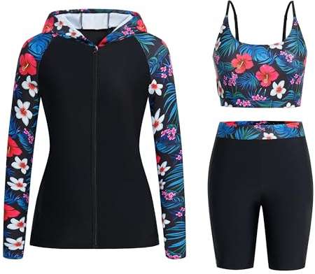 Owntop Womens 3-Piece Rash Guard | UPF50+ Swimsuits Hooded UV Shirt | Long Sleeve Zipper Rashguard Shirts & Bikini Top & High Waist Boyshorts | Swimming Surfing Modest Swimwear | Green XL