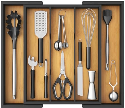 Lifewit Utensil Drawer Organiser, Expandable Large Cutlery Tray for Kitchen, Bamboo Silverware Flatware Holder, Wood Adjustable Kitchen Spatula Tools and Gadgets Storage Divider, Large, Black