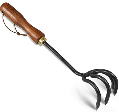 ROYTOA Hand Cultivator Rake, Ergonomic Small Garden Rake with Walnut Handle & 4 Durable Tines, Garden Tools for Weeding, Digging and Cultivating
