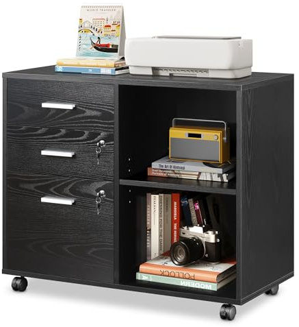 DEVAISE Rollcontainer mit 3 Schubladen und offenen Ablagen, Mobiler Aktenschrank mit Rollen, Druckertisch für DIN A4/Legal/Letter, Abschließbarer Schrank für Büro und Home Office, Schwarz