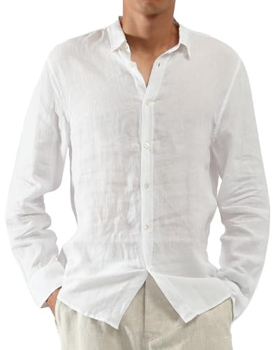 CLSEN Linen Shirt for Men and Women Unisex 100% Long Sleeve Button Down Relaxed Fit in White and Navy (US, Alpha, Small, Regular, Regular, White)