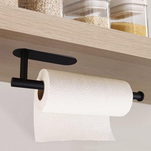 Laphontab Porta rotolo da cucina sotto l'armadio, porta asciugamani di carta in acciaio inox, nero opaco, autoadesivo, adatto per dispensa, cucina, bagno (nero)