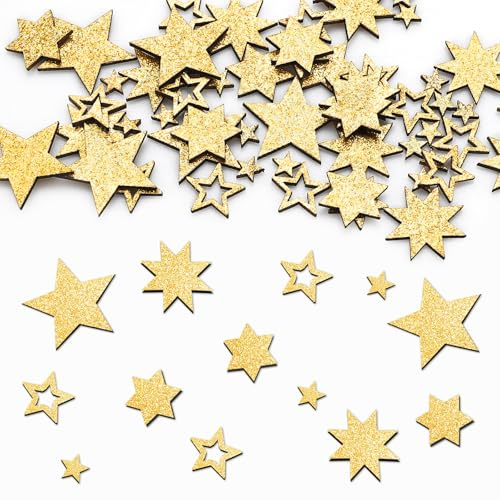 GoldRock 5 Größen Holzsterne zum Basteln Streudeko Weihnachten 0,8-2,8cm,72 Stück Glitzer Sterne Deko Holz Klein,Weihnachtsdeko Sterne Gold,Konfetti Weihnachten Tischdeko,Hochzeit,Geburtstag Dekostern