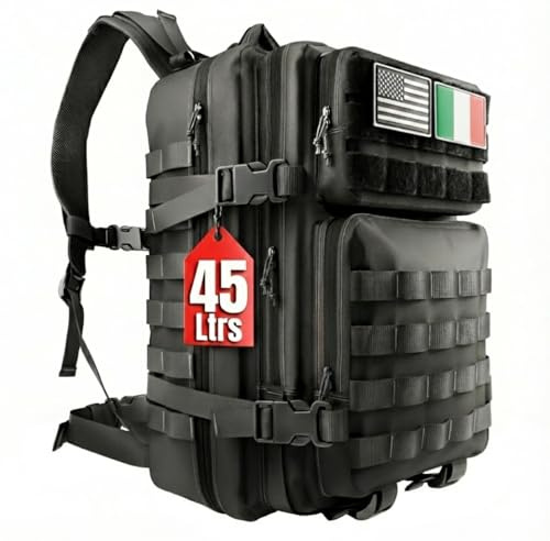 SPARTANFY | Zaino Militare Tattico 45L + Patch Italia - Zaino Escursione Impermeabile Uomo Donna, Zaino Nero da Montagna, Crossfit, Pesca, Softair, Campeggio