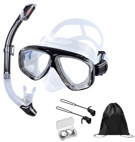 HSTWODE Optiskt snorkelset med syntjocklek, dioptrier: 0 till -9, snorkelset för vuxna med öronproppar och förvaringsväska, torr snorkling, lins, härdat glas (transparent svart, -7,0)