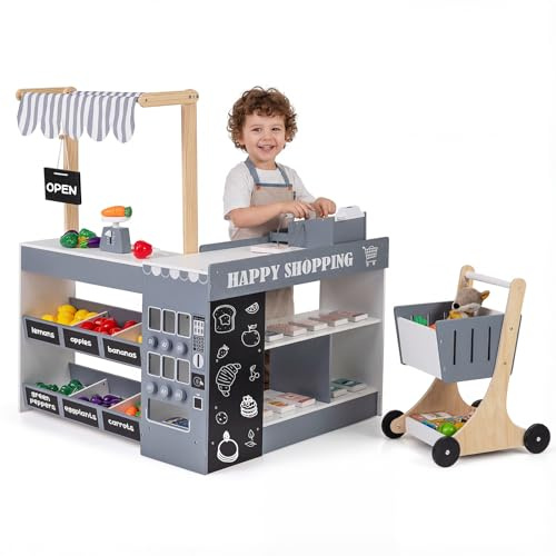 COSTWAY Pretend Play Shop, Kids Supermarket Playset with Shopping Cart, Canopy, Blackboard & Accessories, Wooden Role Play Grocery Store for Ages 3+ (Grey)