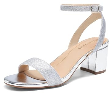 DREAM PAIRS Women's Heel Sandals Ankle Strap,Silver/Glitter,9