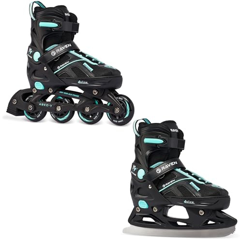 Raven - Pattini a rotelle per bambini, ragazze, adulti, bambini - Pattini a rotelle 2 in 1 con pattini da ghiaccio - Regolabili - Pulse Black/Cyan, 40-43 (25,5-28cm)