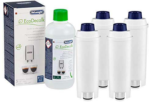 4-pack Wasserfilter ersetzt DLSC002 Filterpatrone SER3017 Filterpatronen 5513292811 kompatibel mit Magnifica Caffe Cappuccino ECAM ETAM EPAM ESAM BCO EC inkl. DeLonghi EcoDecalk 500ml