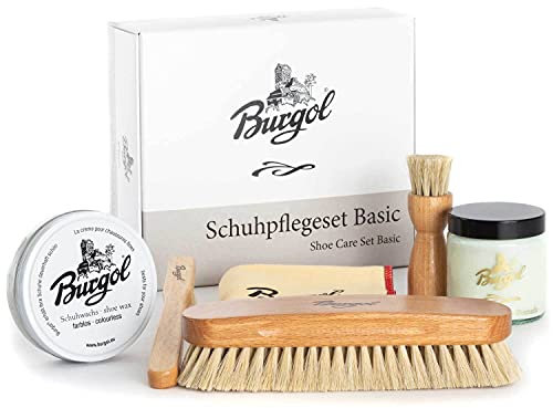 Burgol Schuhpflegeset Basic mit Schuhpomade, Schuhwachs, Rosshaarbürsten und Poliertuch: Farbe: Farblos