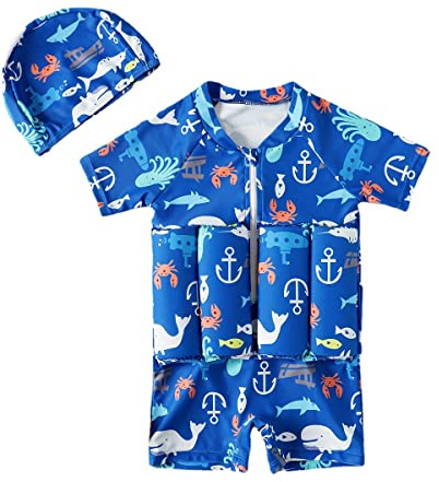 EQQILL Baby Toddler Girls Boys Float Suit One Piece Rashguard Cartoon Short Sleeve Zip up Buoyancy Swimsuit +Cap Blue