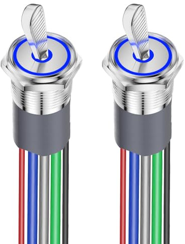 Gebildet 2pcs 16mm Prewired Rocker Switch 12V-24V, SPST ON/OFF LED Toggle Switch, Waterproof IP67 Electrical Toggle Switch Silver Chrome Brass Metal for Car Marine Dash Dashboard(Blue Lighted)