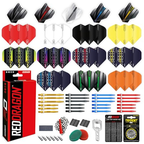 RED DRAGON Dardos - Paquete de accesorios de aluminio profesional - Incluye vuelos de dardos, ejes, cera de agarre de dedos, protectores de vuelo y más - Accesorios profesionales para dardos