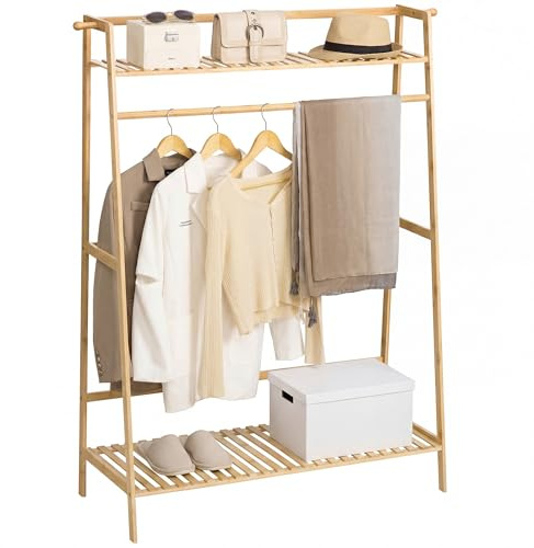 HOMCOM Portant à vêtements penderie porte-manteau avec 2 étagères 2 crochets et 1 barre de suspension en bambou - dim. 114L x 40l x 139H cm naturel