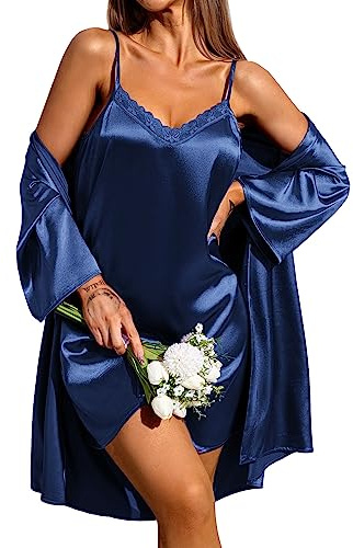 Ekouaer Damen Morgenmantel & Nachthemd Satin Zweiteiliger Nachtwäsche Set Seiden Bademantel Kurz Negligees 2er Pack