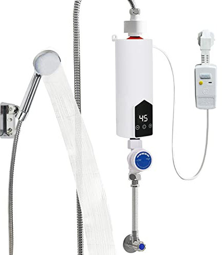 Mini Elektrische Durchlauferhitzer 5500W Wasserhahn mit Duschkopf & LED-Anzeige,220V IPX4 Wasserdicht Schnelle Erwärmung Durchlauferhitzer für Küche Bad (Stil A*( mit EU-Stecke & 1,8M Netzkabel))