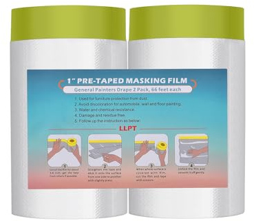 LLPT Tape and Drape Pre-Taped Masking Film 2 Packs-140cm(Unfolded) x 20m | Green Washi Versatile Painter's Plastic Dust Sheets for Auto Wall Furniture Painting and Spraying Protection