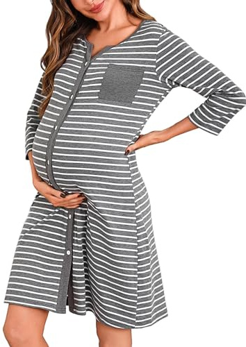 Marvmys Maternity Nightdress For Hospital Breastfeeding Nightwear 3/4 Length Sleeves Nursing Nightgown Button Down Sleep Shirt V Neck Pajama Soft Loungwear For Pregnant Women A-Dark Gray XL