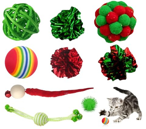 CavspkArt Jouets de Noël pour Chat Set Différents Jouets interactifs pour Chat Accessoires de Noël Décoration de fête Cadeau pour Chats (9 pièces)